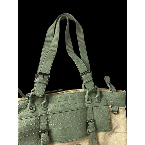 Sherpani Nola Large Shoulder Tote Bag Laptop Briefbag Leather Canvas Green Beige - Picture 6 of 16